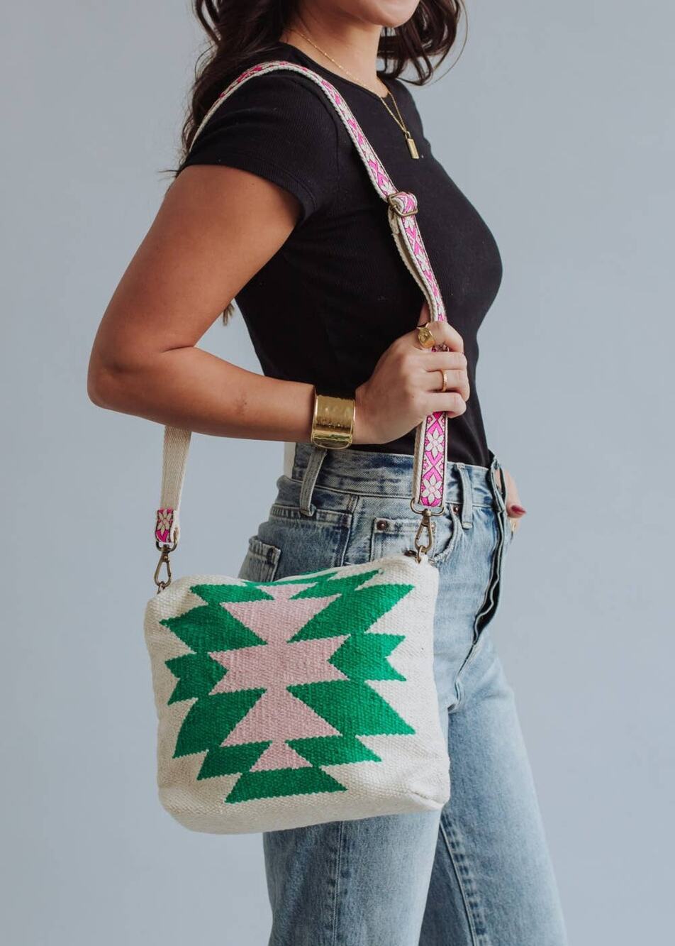 Beige, Green & Pink Aztec Woven Cotton Crossbody Bag | Boho Removable Strap